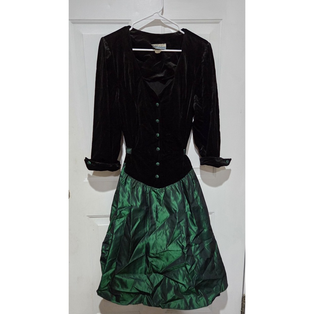 Just Ducky Black Velvet W/Green Taffeta Drop Waist Long Sleeve Vtg Dress Women M